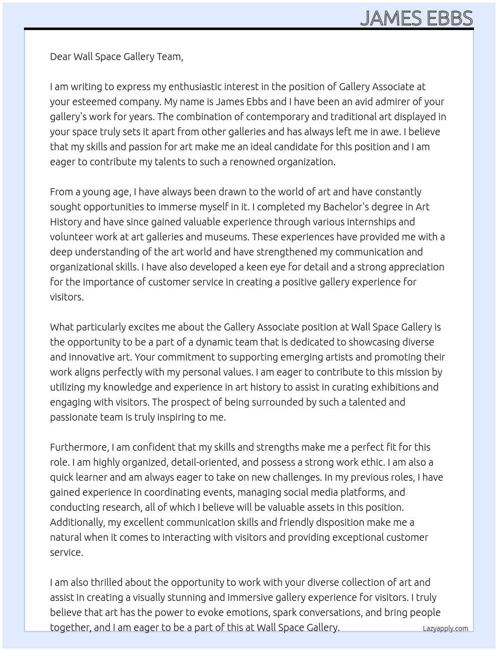 Gallery Associate At Wall Space Gallery Cover Letter