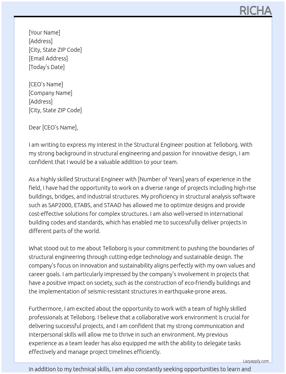 Structural Engineer At Telloborg Cover Letter
