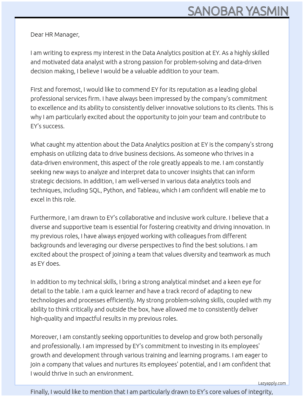 Data Analytics  At EY Cover Letter