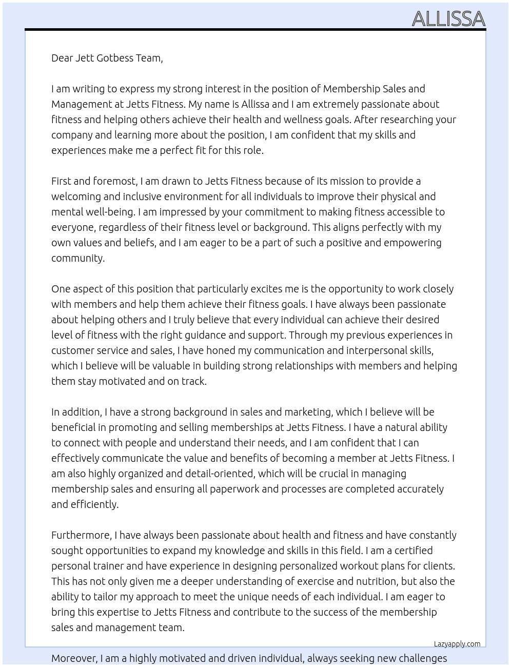 Member ship sales and management  At Jetts Fitness Cover Letter
