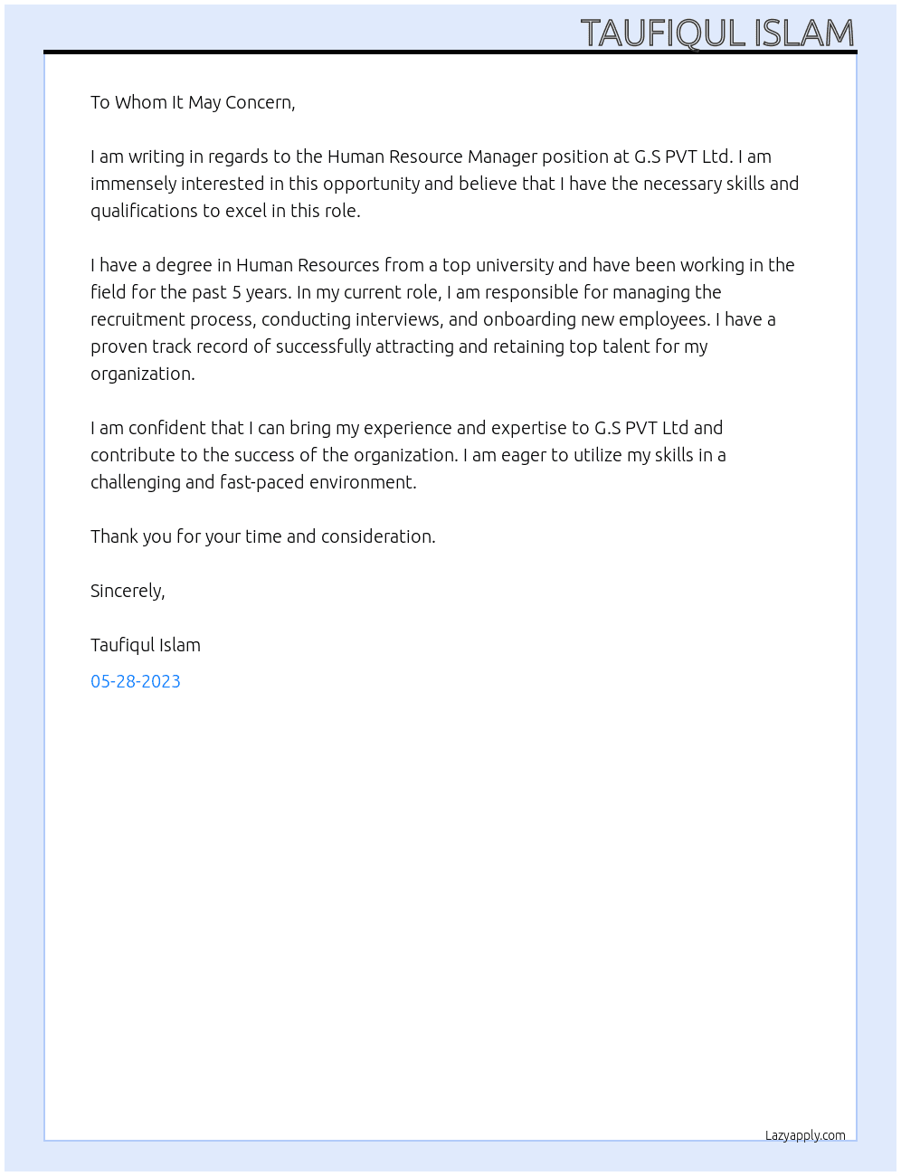 Human Resource Manager At G.S PVT Ltd Cover Letter