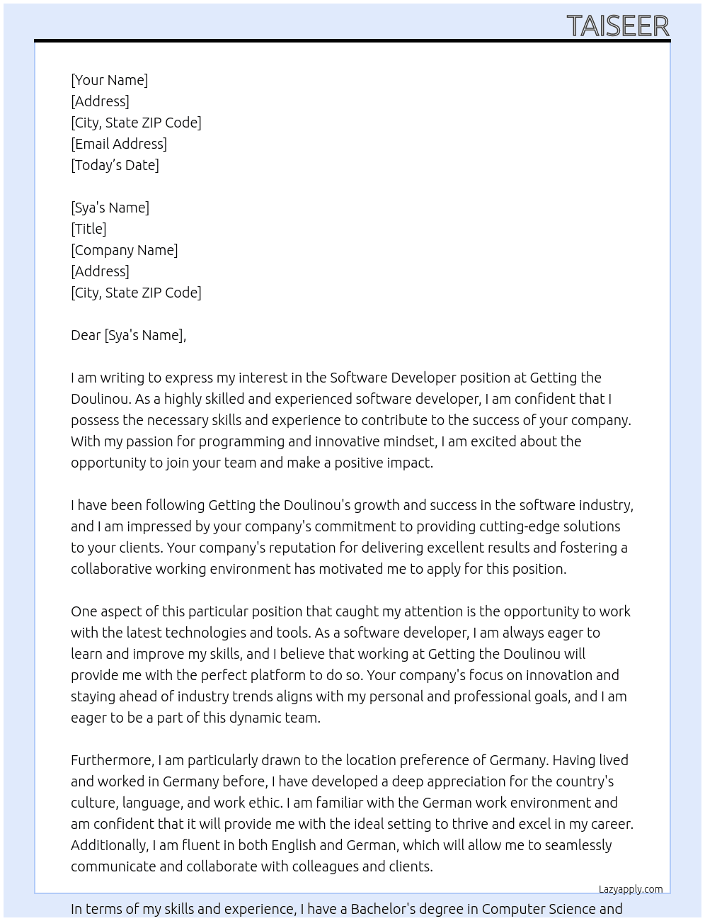 Cover letter for softwere devoloper - LazyApply