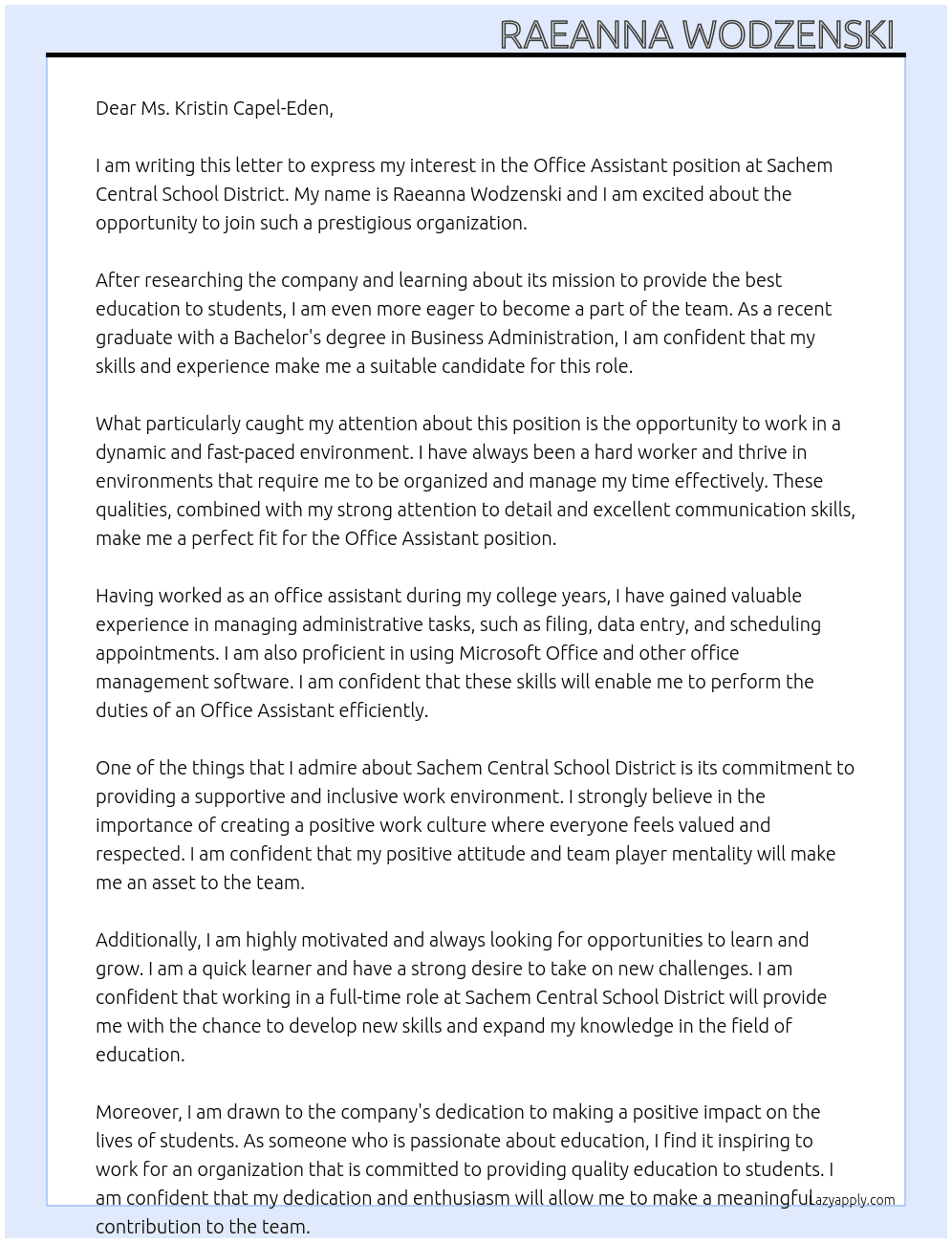 Office assistant  At Sachem Central School District  Cover Letter
