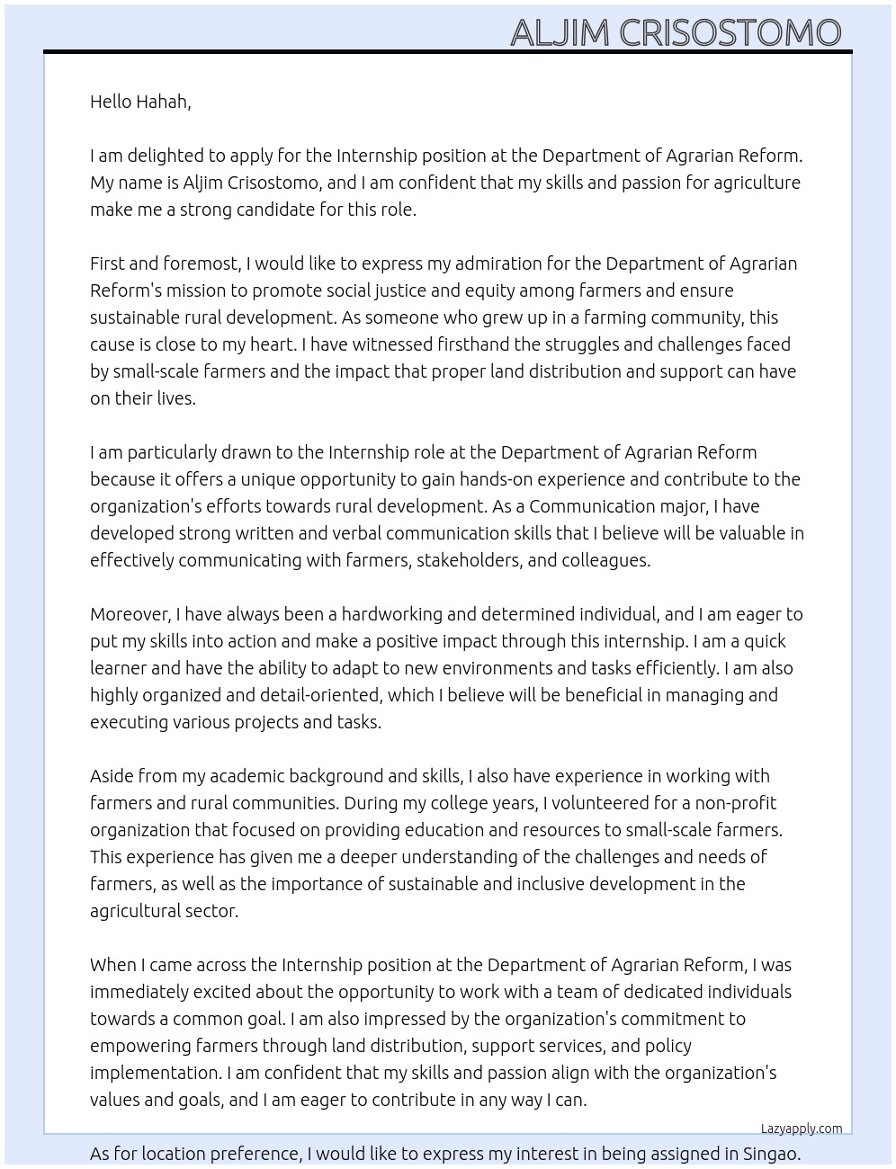 Internship  At Department of Agrarian Reform  Cover Letter