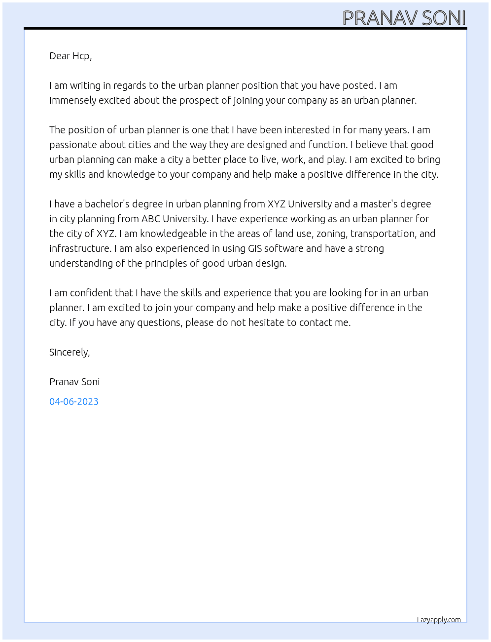 Urban planner At Hcp Cover Letter