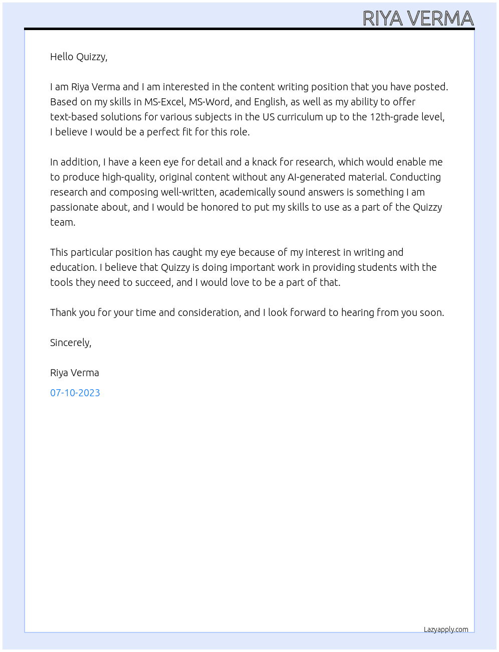 Content writing At Quizzy Cover Letter