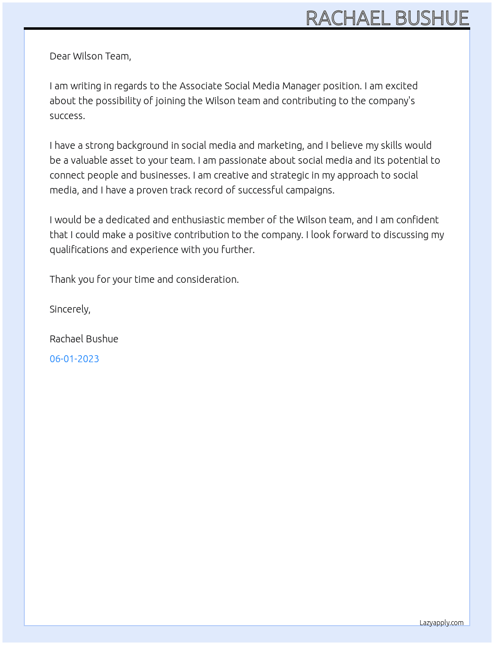Associate Social Media Manager At Wilson Cover Letter