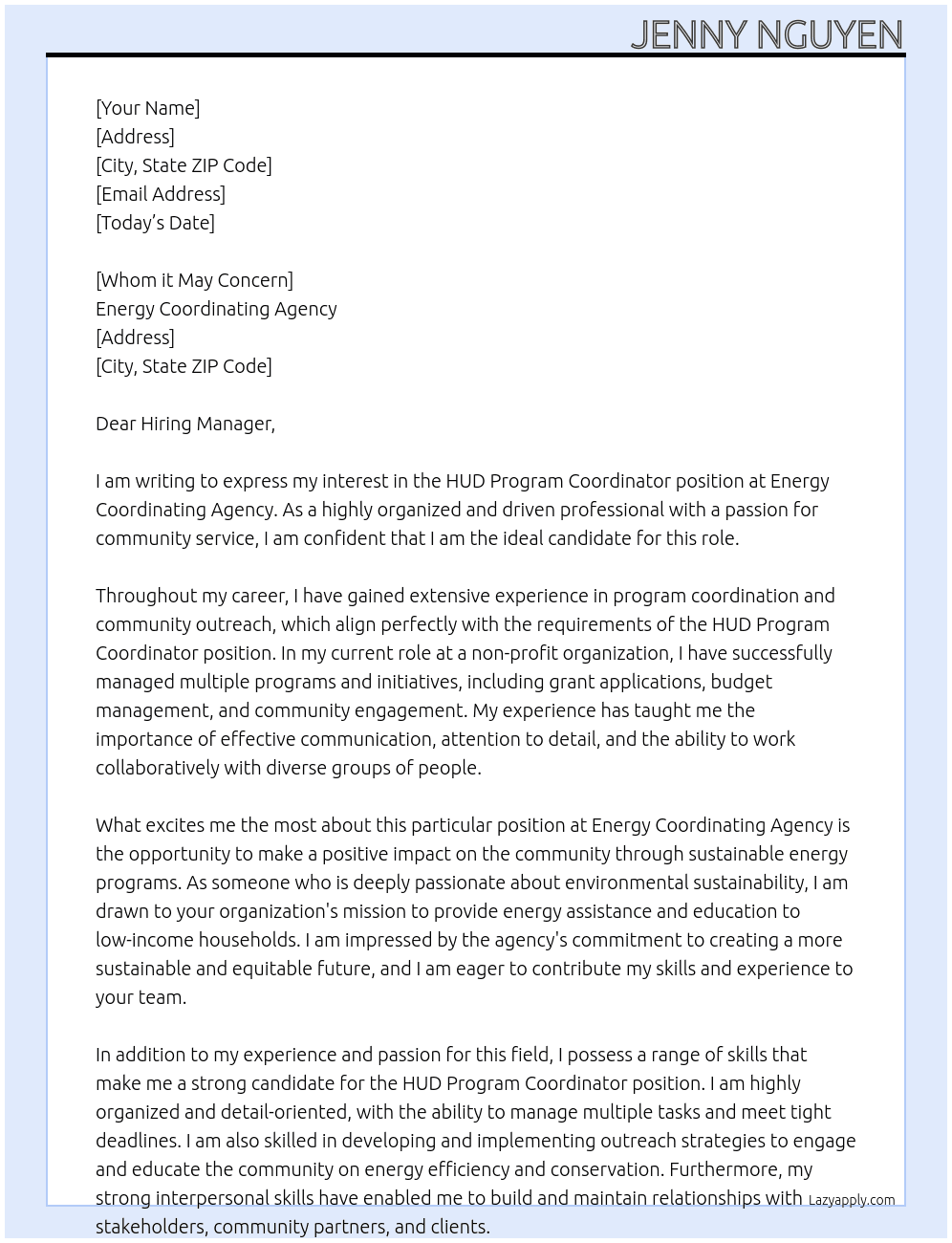 HUD Program Coordinator At Energy Coordinating Agency Cover Letter