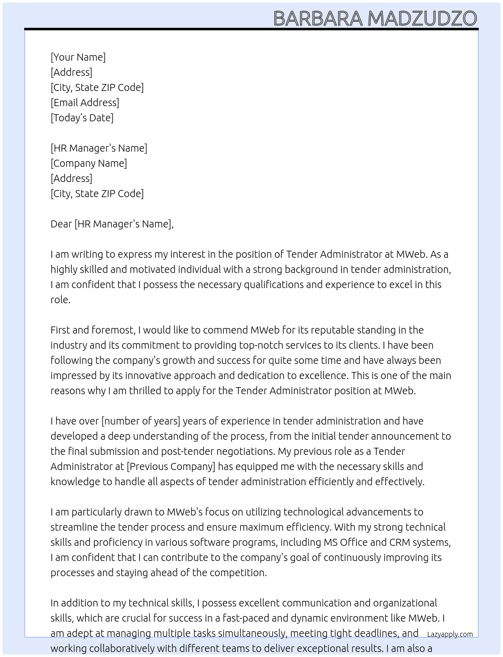 Tender Administrator At MWeb Cover Letter