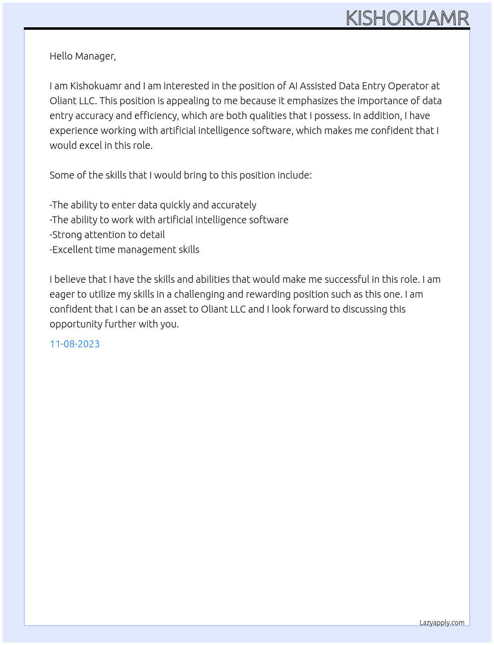AI Assisted Data Entry Operator At Oliant LLC Cover Letter
