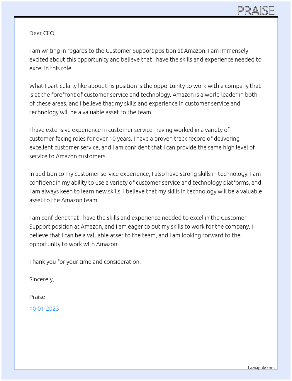 Customer Support  At Amazon  Cover Letter