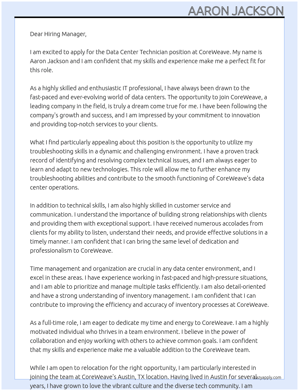 Data Center Technician At CoreWeave Cover Letter