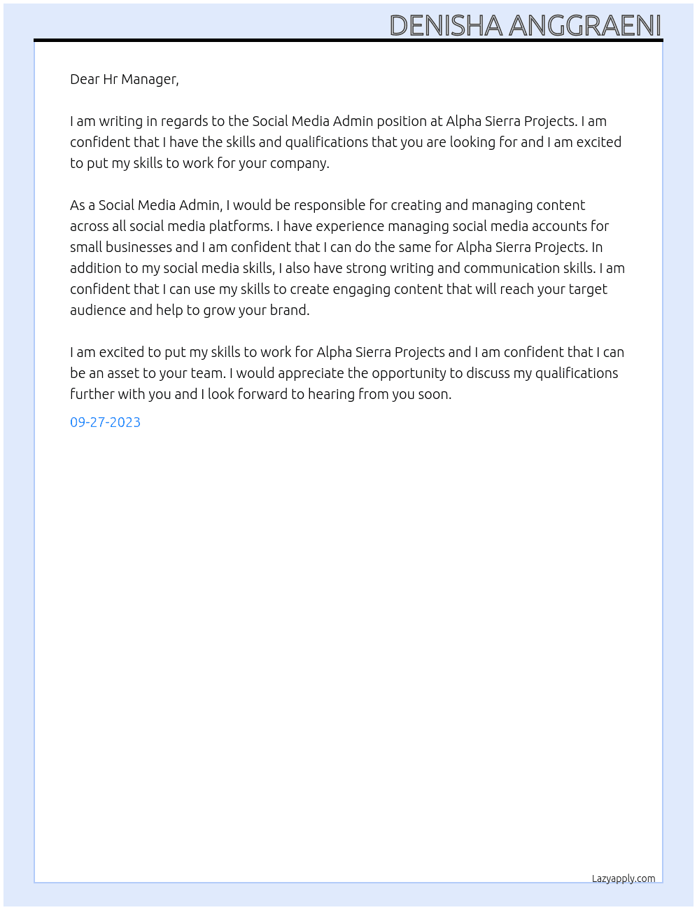 Social Media Admin At Alpha Sierra Projects Cover Letter