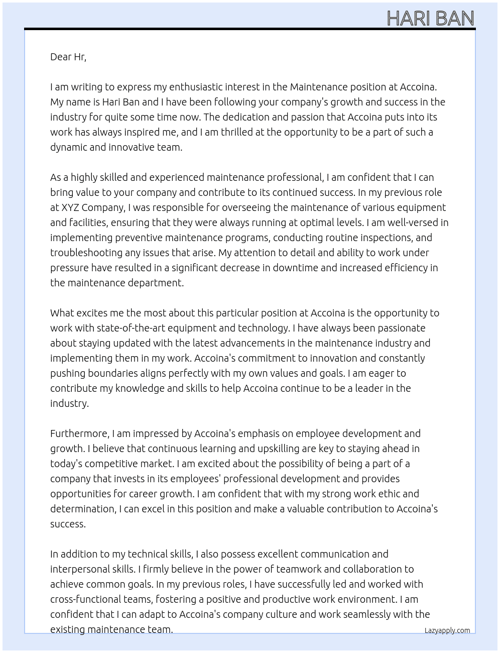 maintenance  At Accoina  Cover Letter