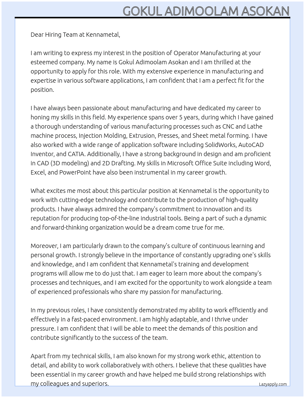 Operator Manufacuting At Kennametal Cover Letter