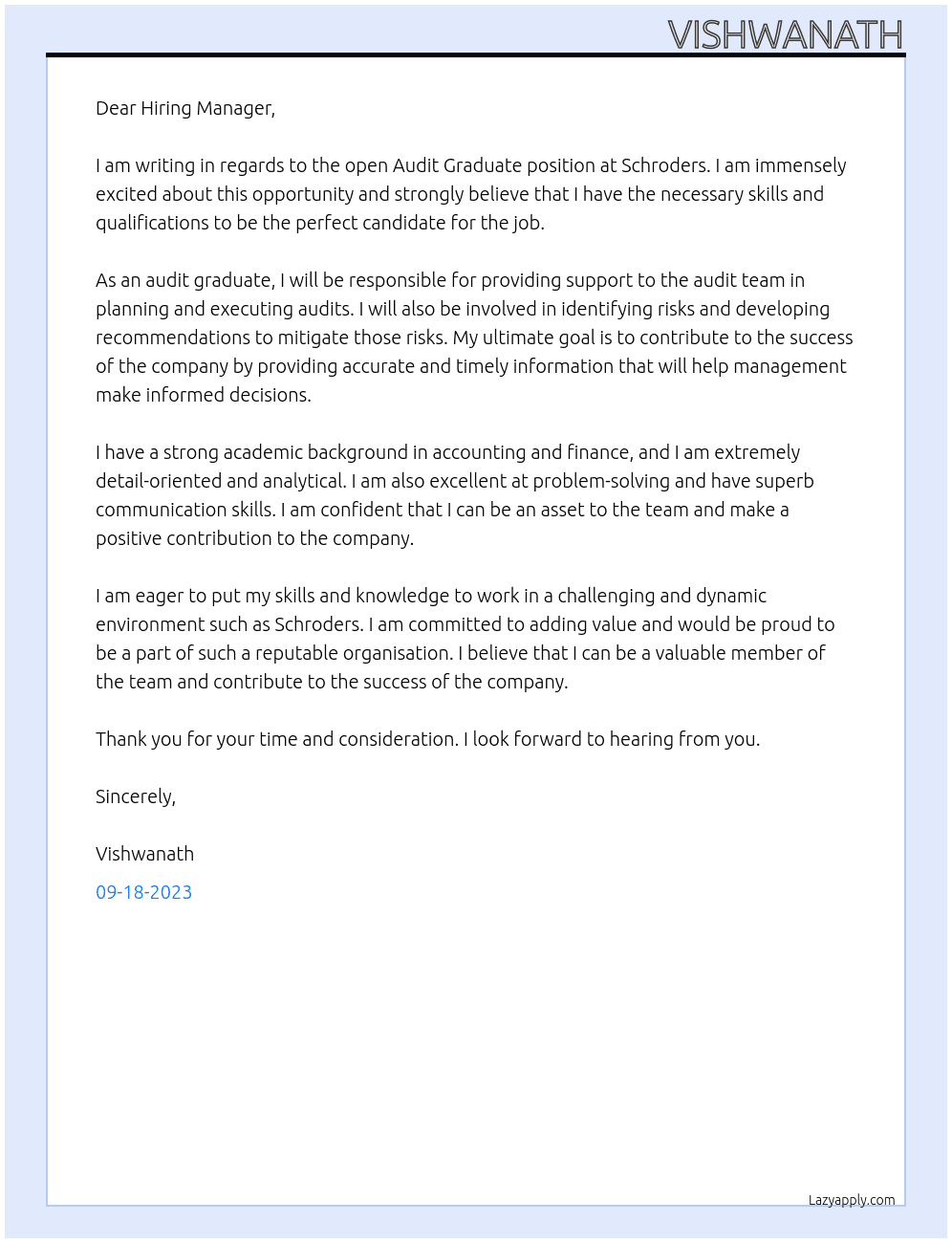 Audit Graduate At Schroders Cover Letter