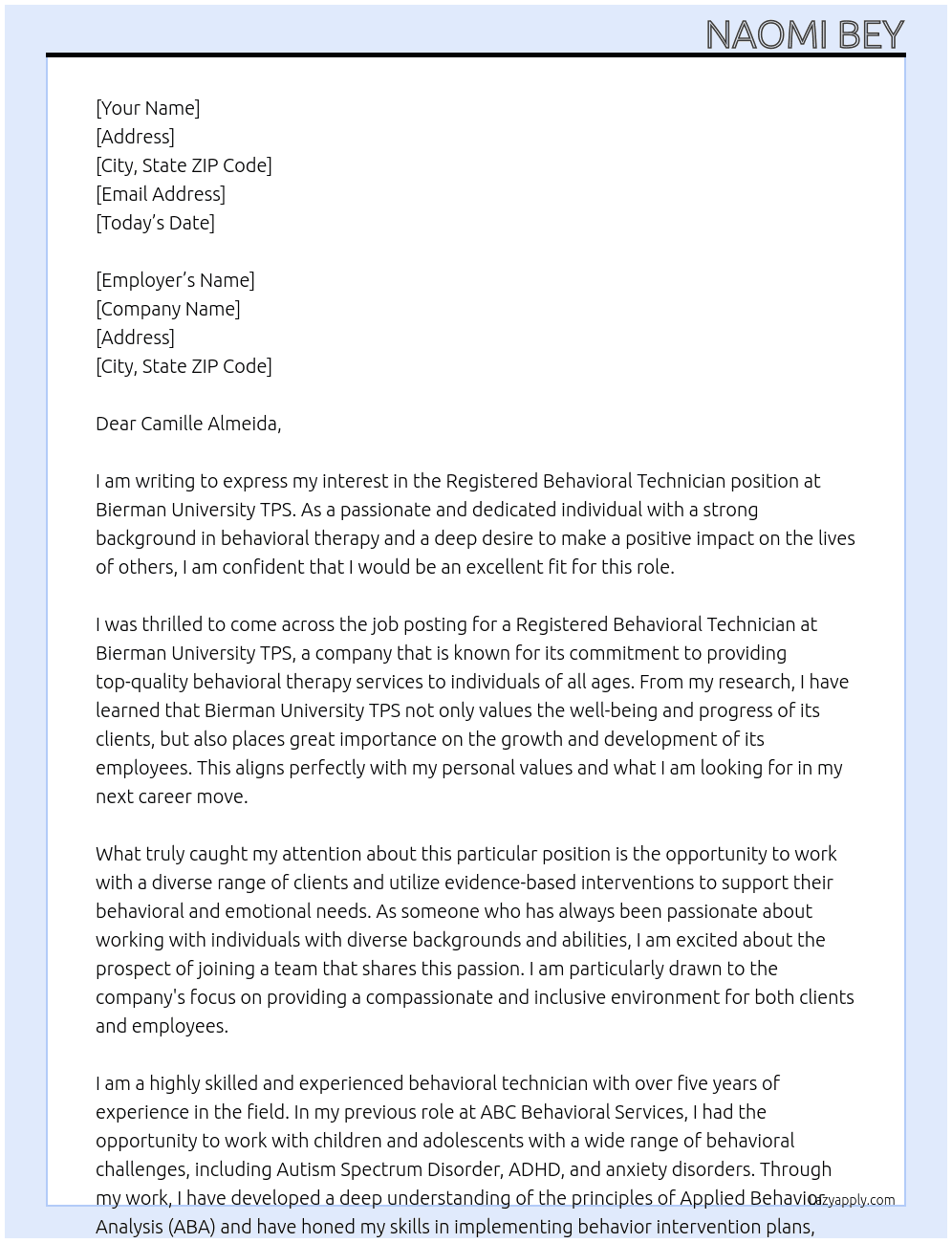 Registered behavioral technician At Bierman University TPS Cover Letter