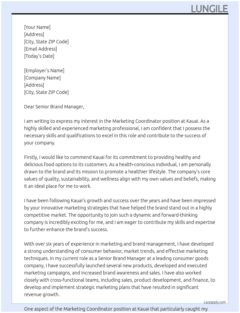 Marketing Coordinator  At kauai Cover Letter