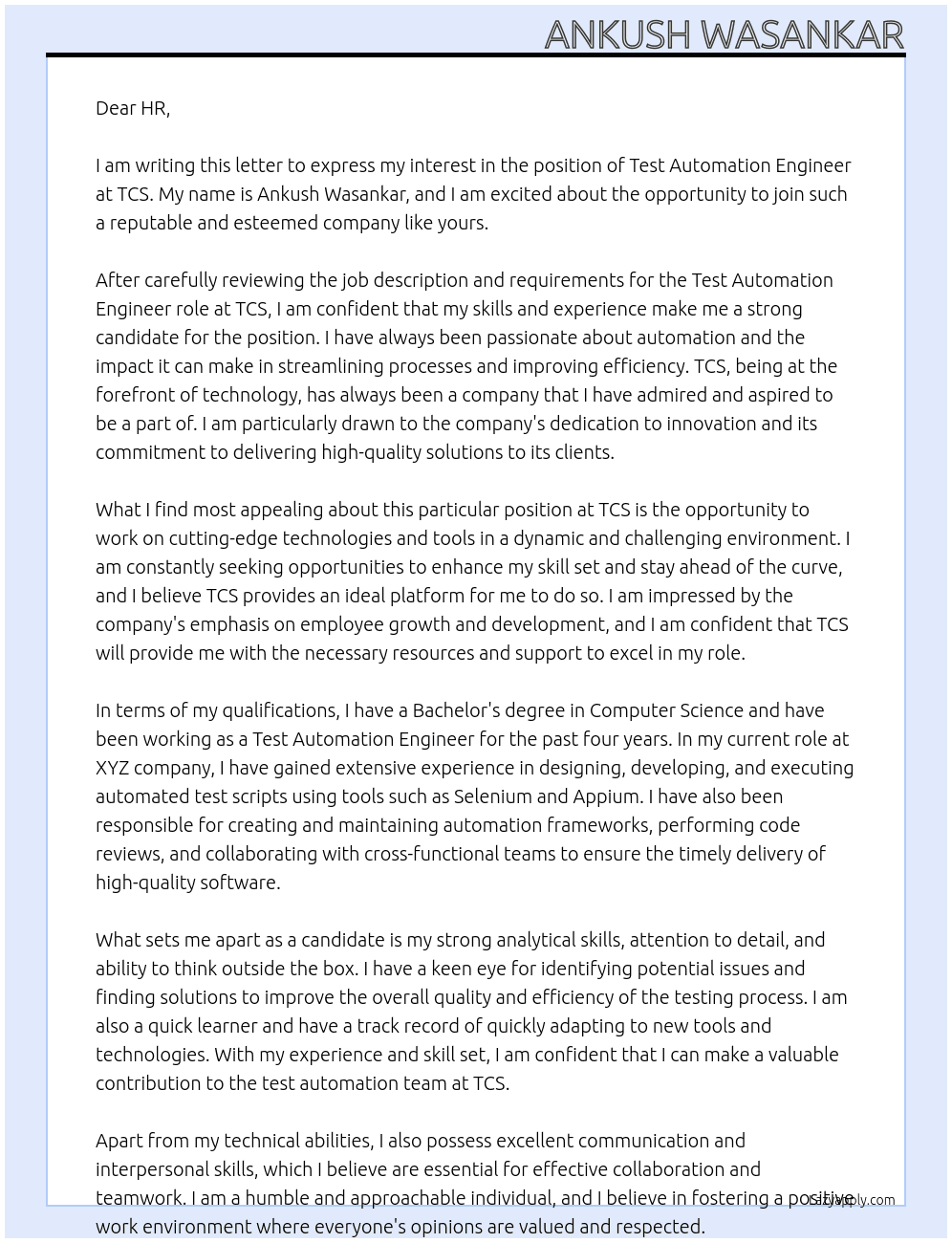 Test Automation Engineer At TCS Cover Letter