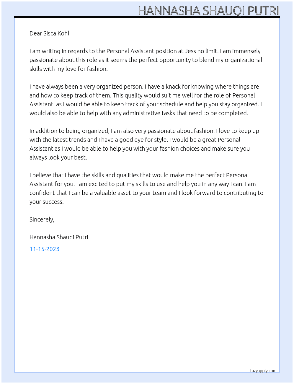 Personal assistant  At Jess no limit  Cover Letter