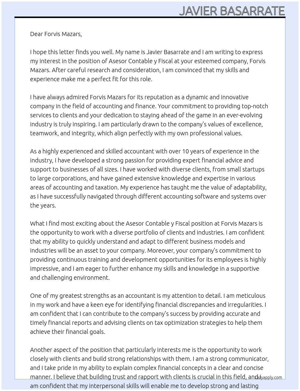 Asesor Contable y Fiscal At Forvis Mazars Cover Letter