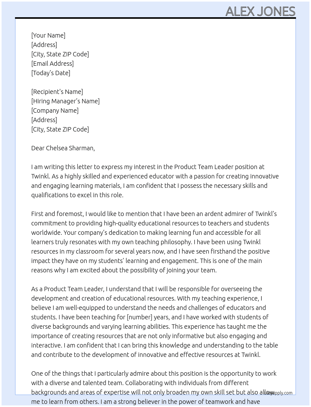 Product Team Leader At Twinkl Cover Letter