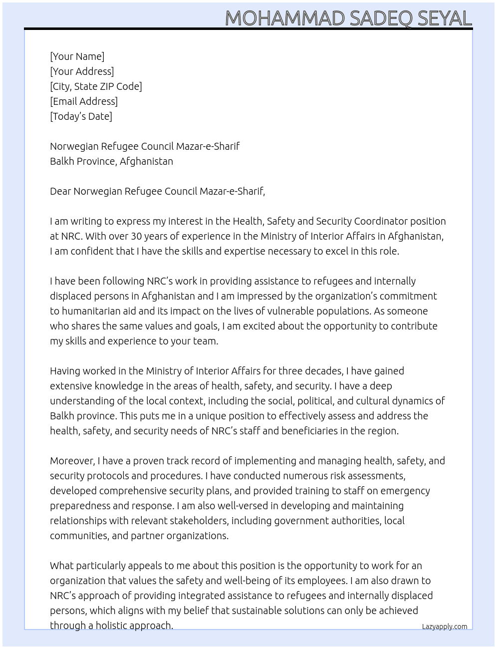 Health, Safety and Security Coordinator At NRC Cover Letter