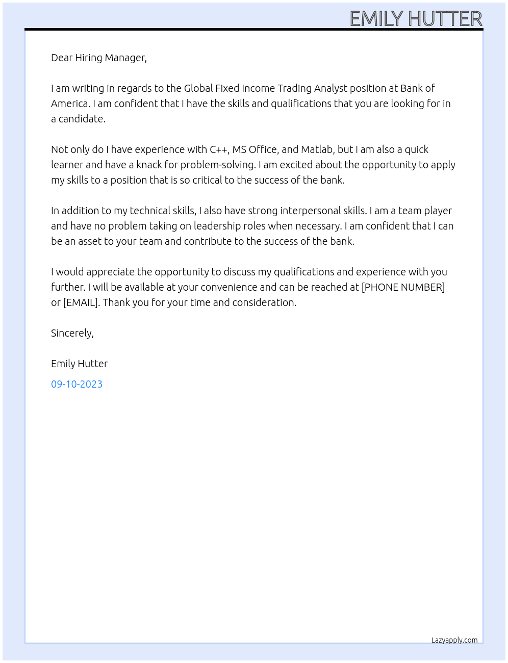 Global Fixed Income Trading Analyst At Bank of America Cover Letter