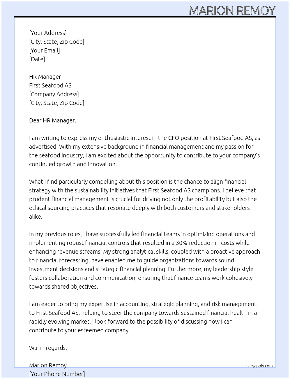 CFO  At First Seafood AS  Cover Letter