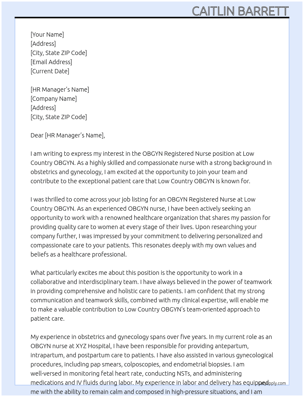 OBGYN Registered Nurse At Low Country OBGYN Cover Letter