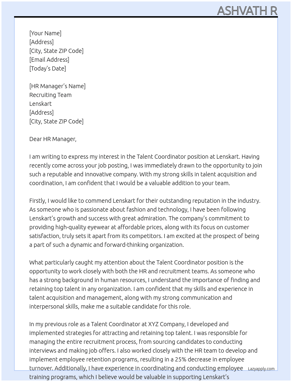 Talent coordinator  At LENSKART  Cover Letter