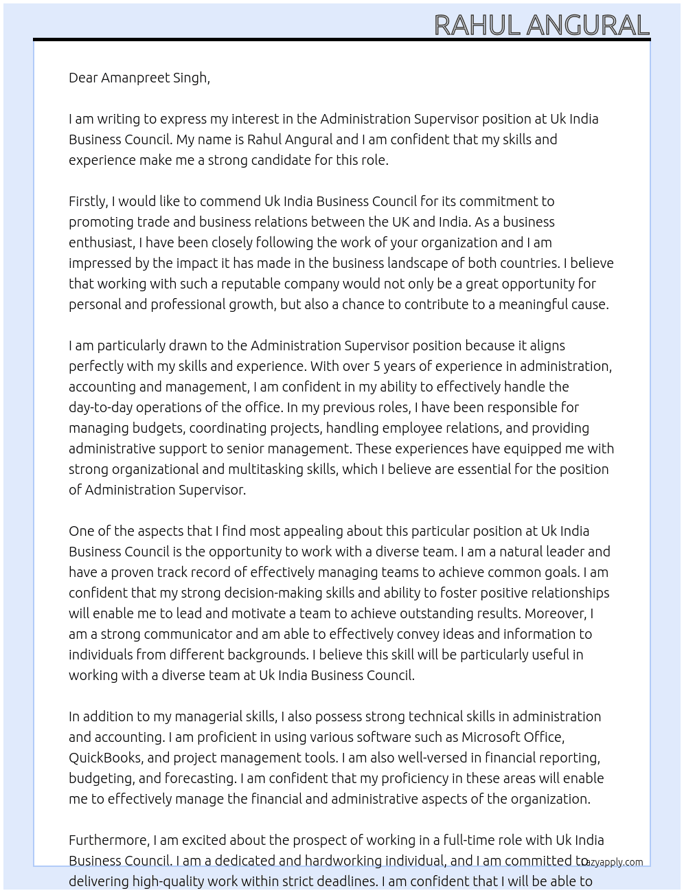Administration Supervisor  At Uk India Business Council Cover Letter