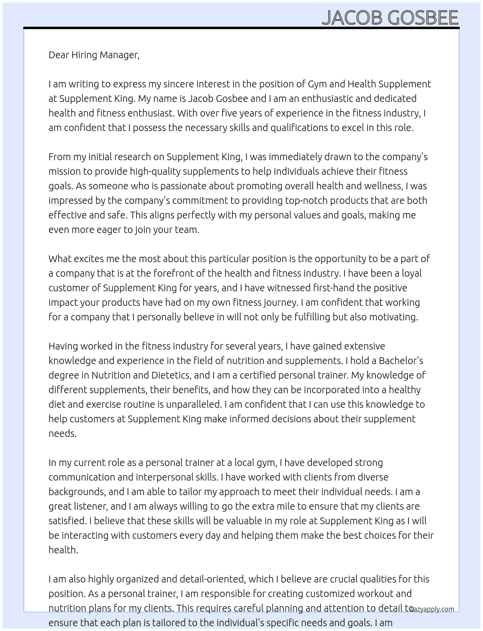 gym and health Supplement  At Supplement King Cover Letter