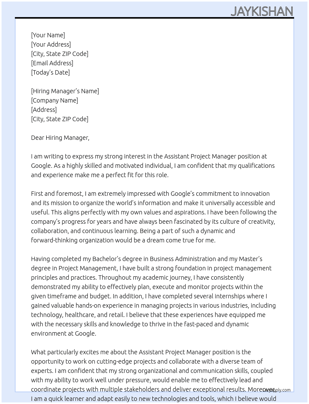 Assistant Project Manager At Google Cover Letter