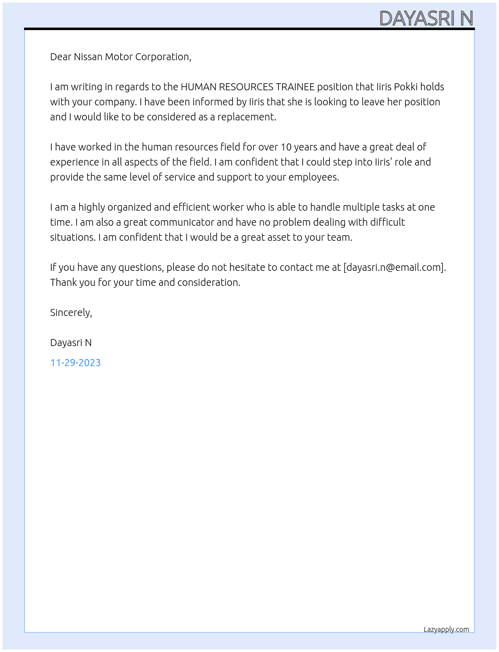HUMAN RESOURCES TRAINEE At Nissan Motor Corporation Cover Letter