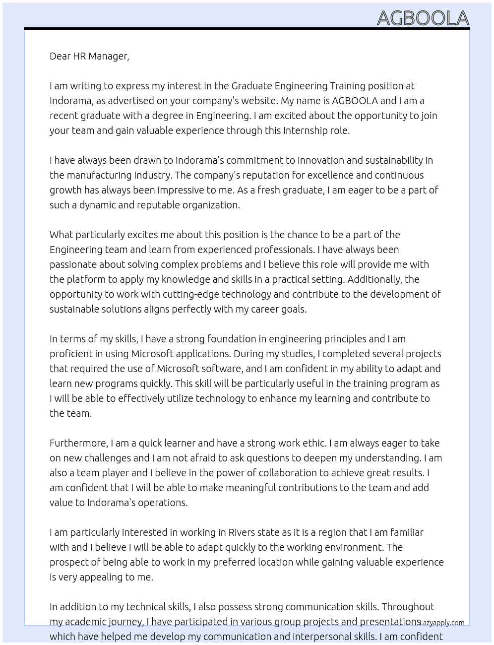 Graduate  Engineering Training At Indorama Cover Letter
