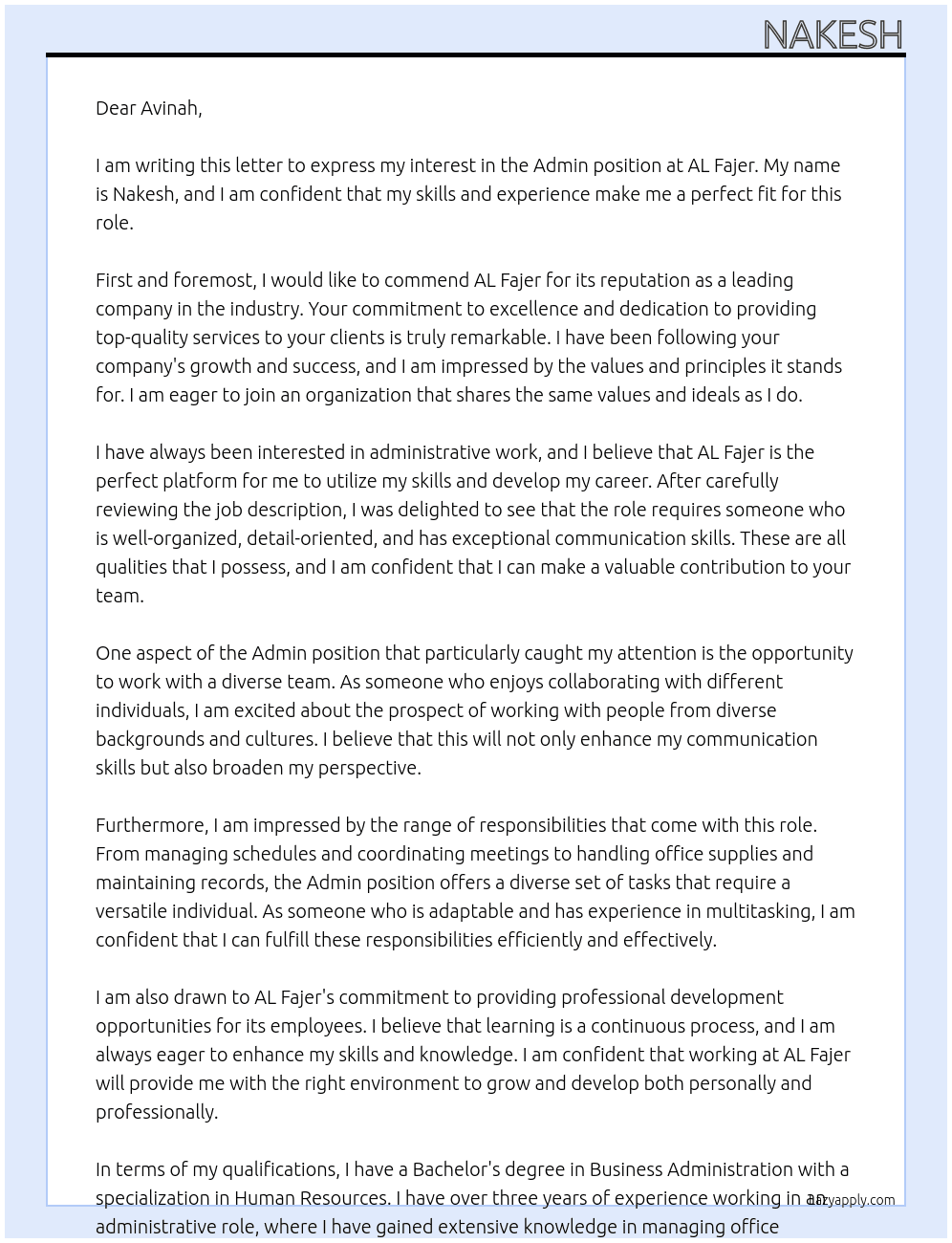 Admin At AL Fajer  Cover Letter