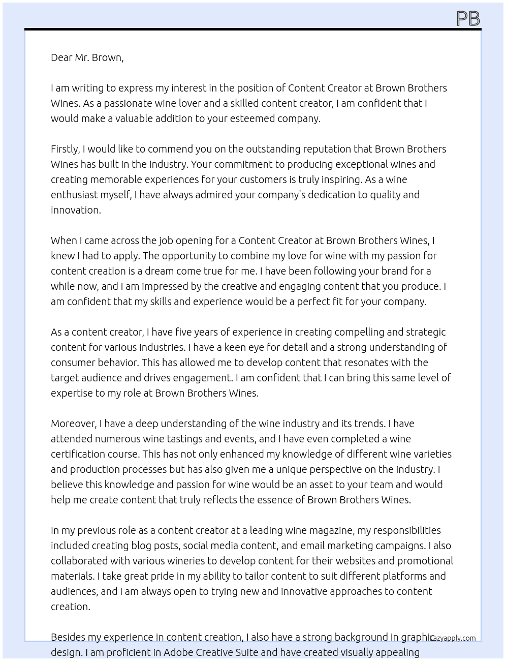 content creator  At wine maker Cover Letter