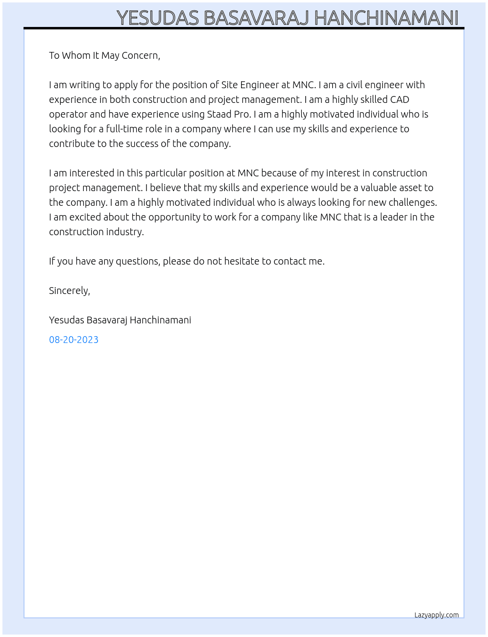 Site Engineer At MNC Cover Letter