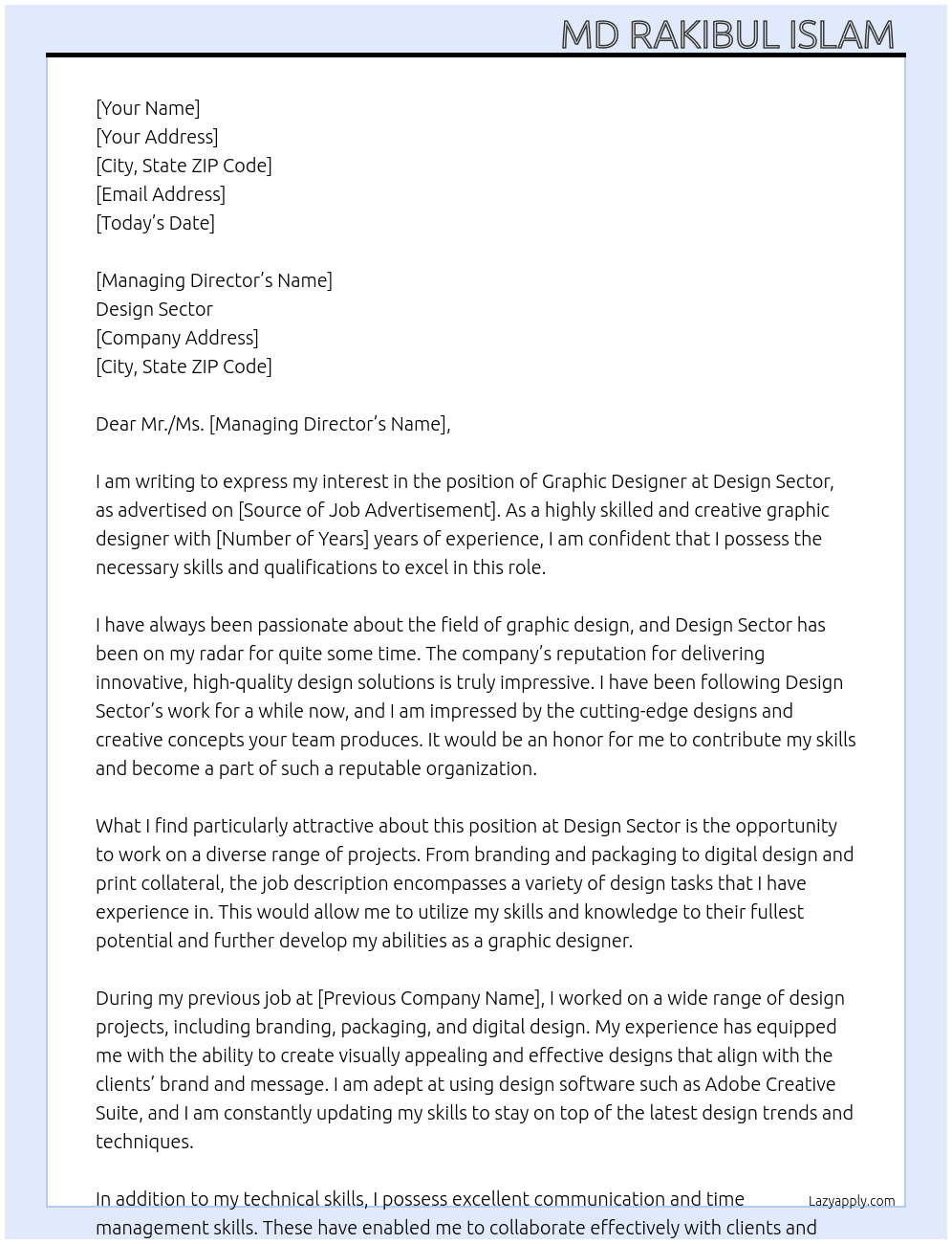 Graphic designer  At Design sector  Cover Letter