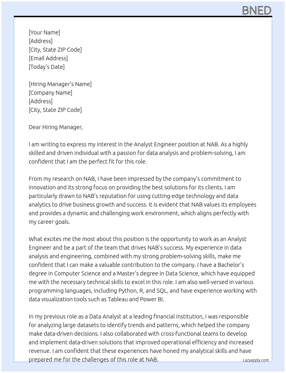 Analyst Engineer At NAB Cover Letter