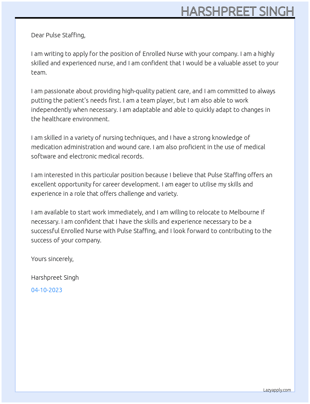enrolled nurse At Pulse Staffing Cover Letter