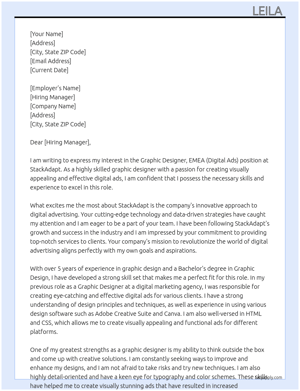 Graphic Designer, EMEA (Digital Ads) At StackAdapt Cover Letter