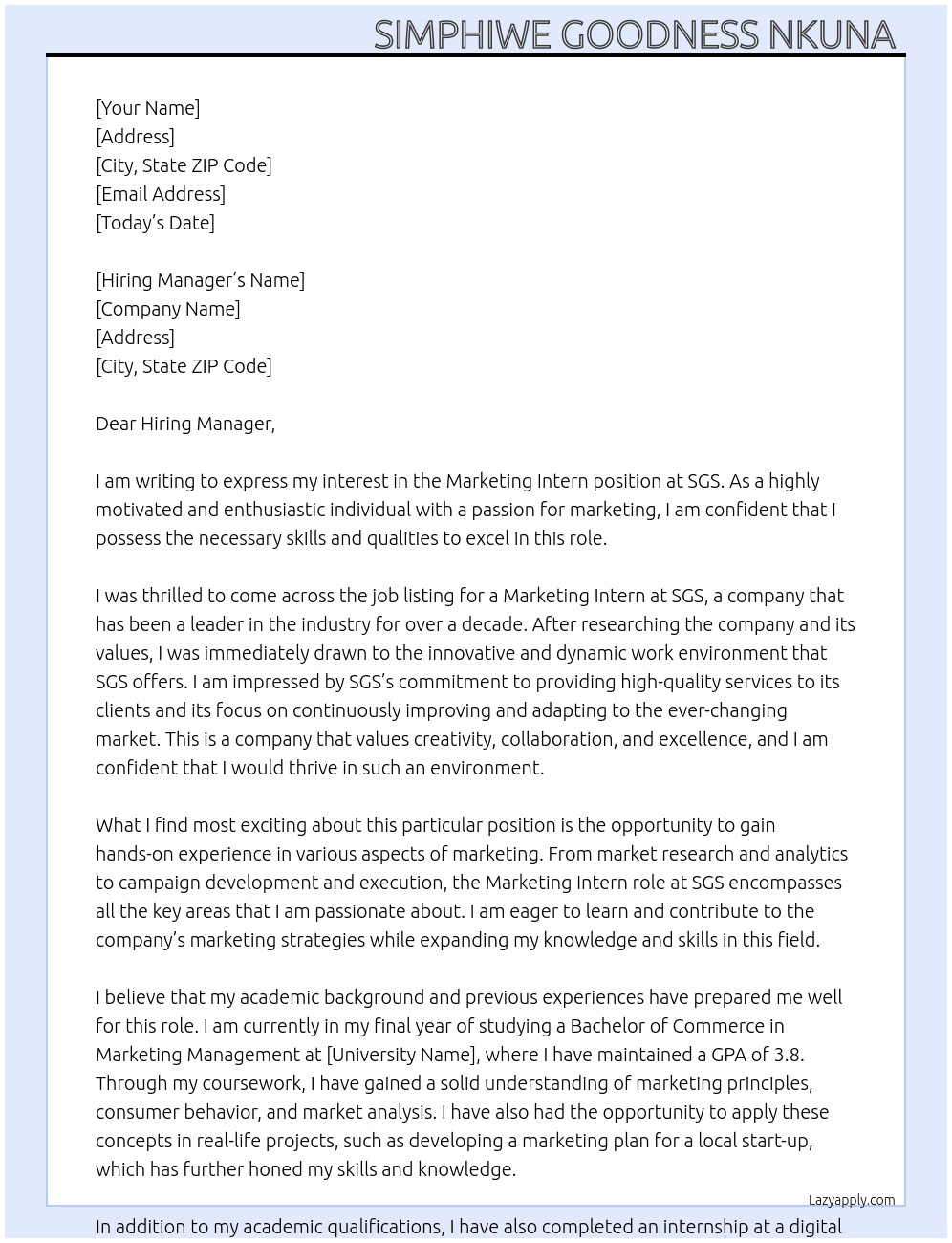 Marketing Intern  At SGS  Cover Letter