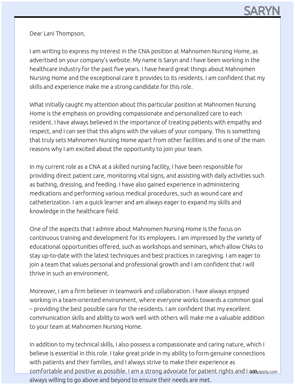 CNA At mahnomen nursing home  Cover Letter