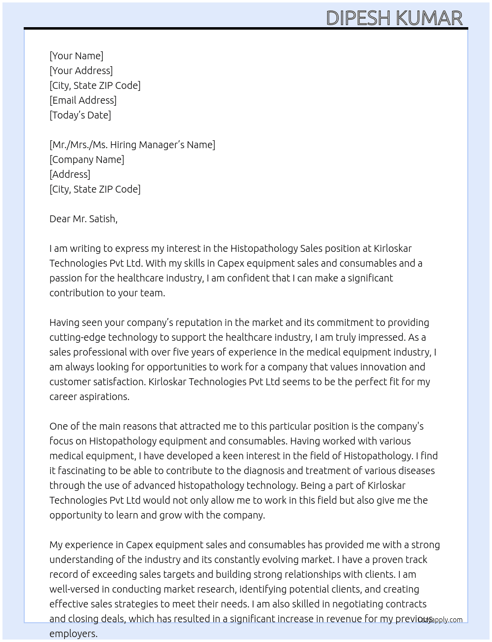Histopatholoy sales At kirloskar technologies pvt ltd Cover Letter