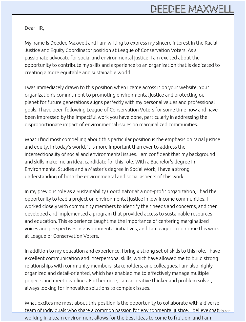 Racial Justice and Equity Coordinator At League of Conservation Voters  Cover Letter