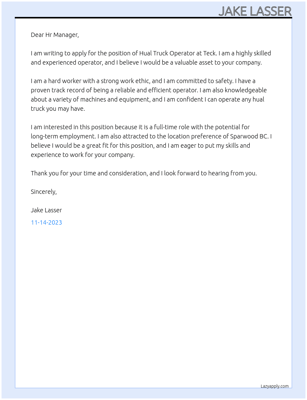 Hual Truck Operator At Teck Cover Letter