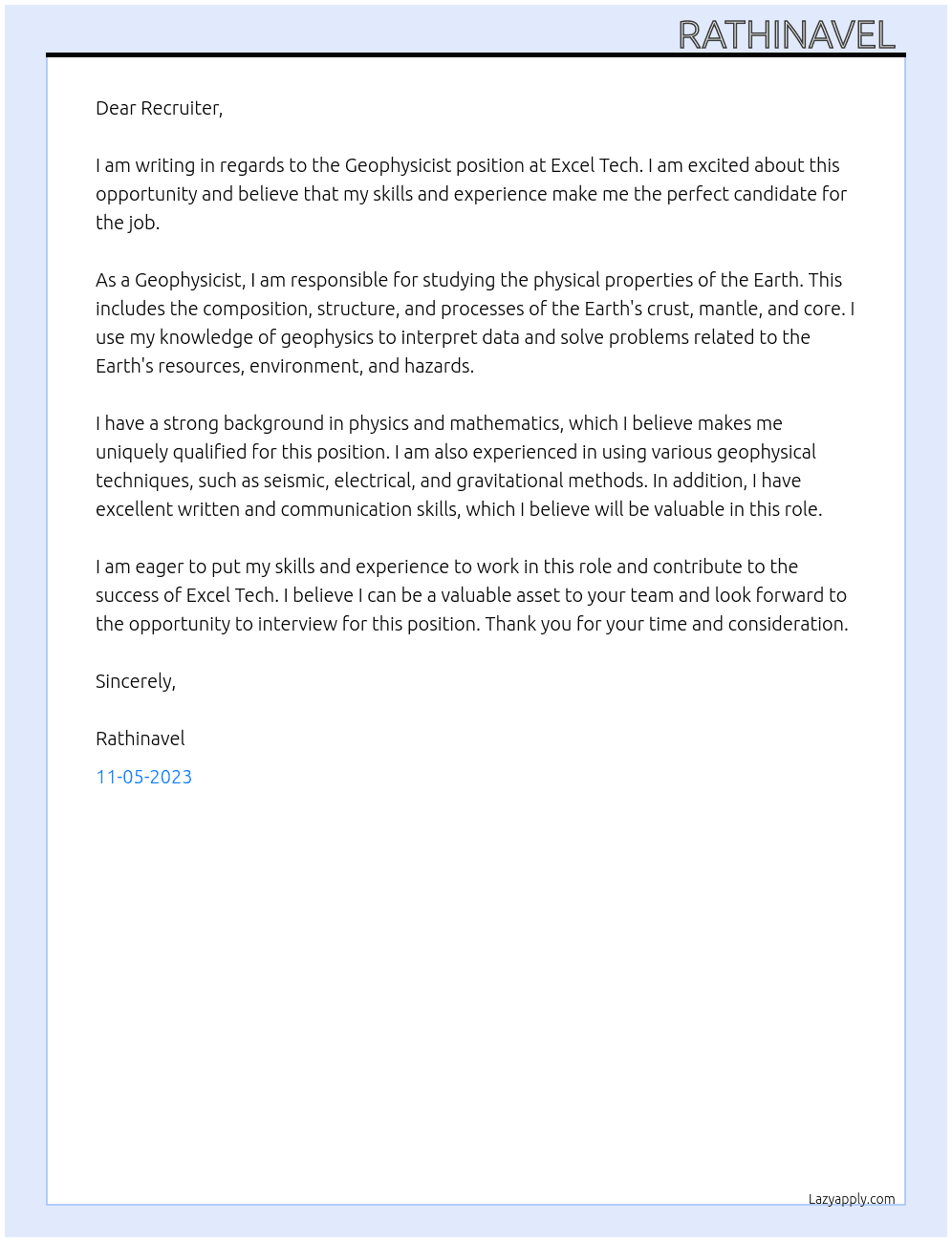 Geophysicist At Excel Tech Cover Letter