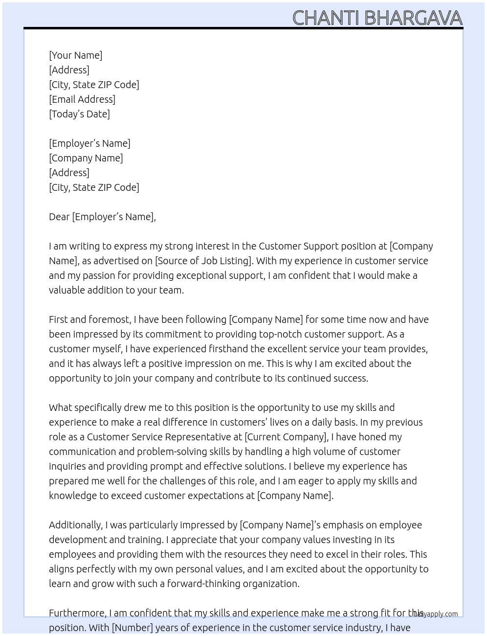 Customer Support At XXX Cover Letter
